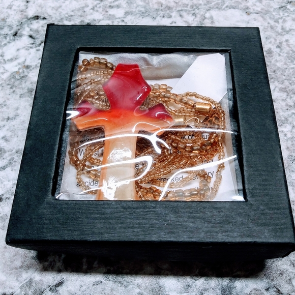 Glass Cross Necklace- Merengue Orange Red Cream - Picture 8 of 8